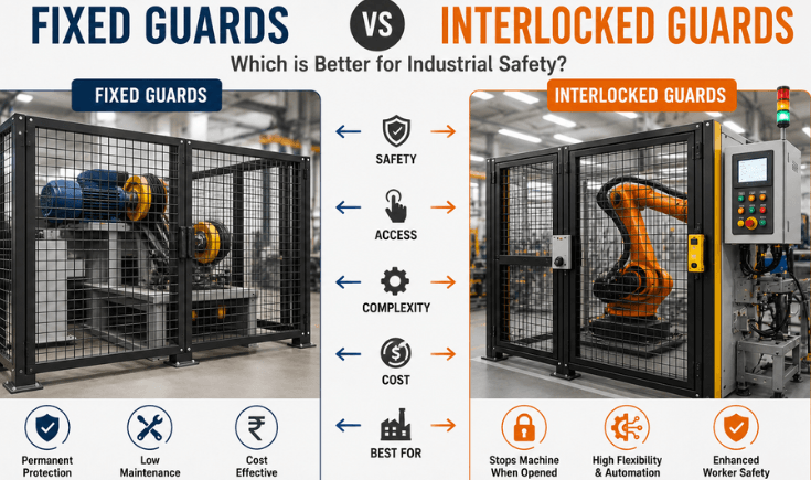 Fixed guards and interlocked guards installed on industrial machinery