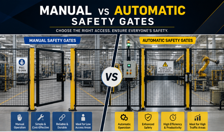 Side by side design comparison of manual safety swing gates versus pneumatic automatic safety systems