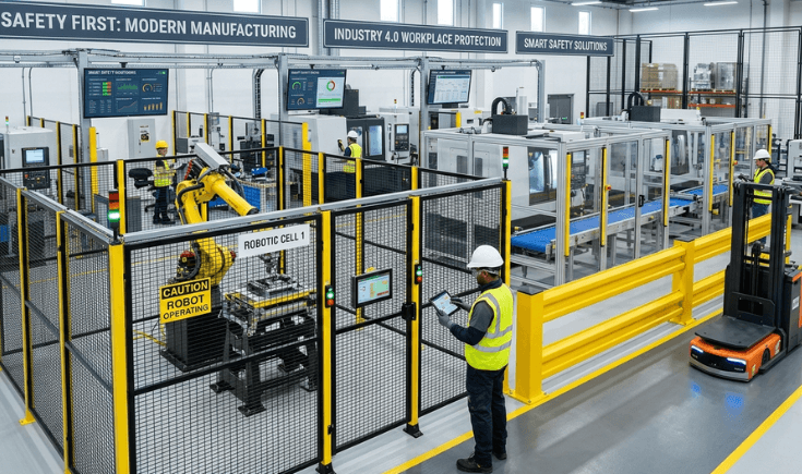 Industrial workplace safety fencing and machine guarding system in manufacturing plant